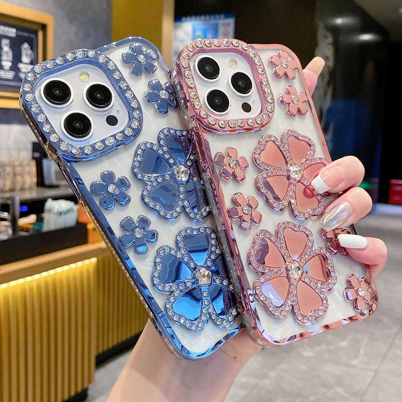For iPhone 15 Pro Max Electroplating Flower Diamond TPU Phone Case(Pink)