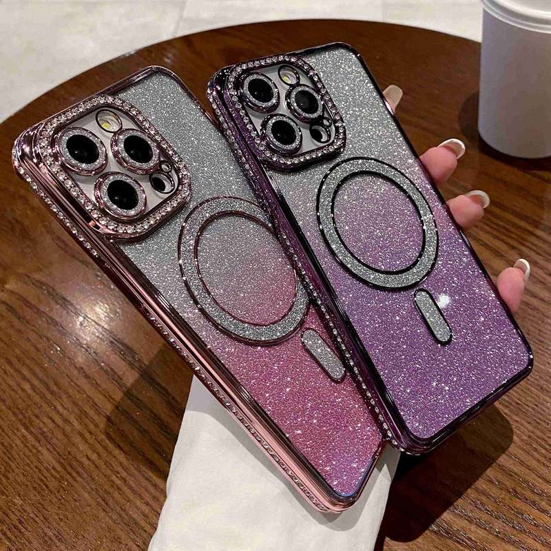 For iPhone 14 Plus Diamond Gradient Glitter Plated MagSafe Phone Case(Gold)