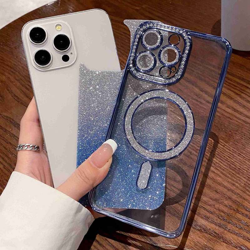 For iPhone 14 Plus Diamond Gradient Glitter Plated MagSafe Phone Case(Gold)