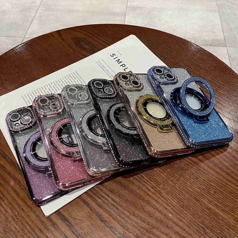 For iPhone 14 Gradient Glitter Diamond Plated Holder Magsafe Phone Case(Blue)