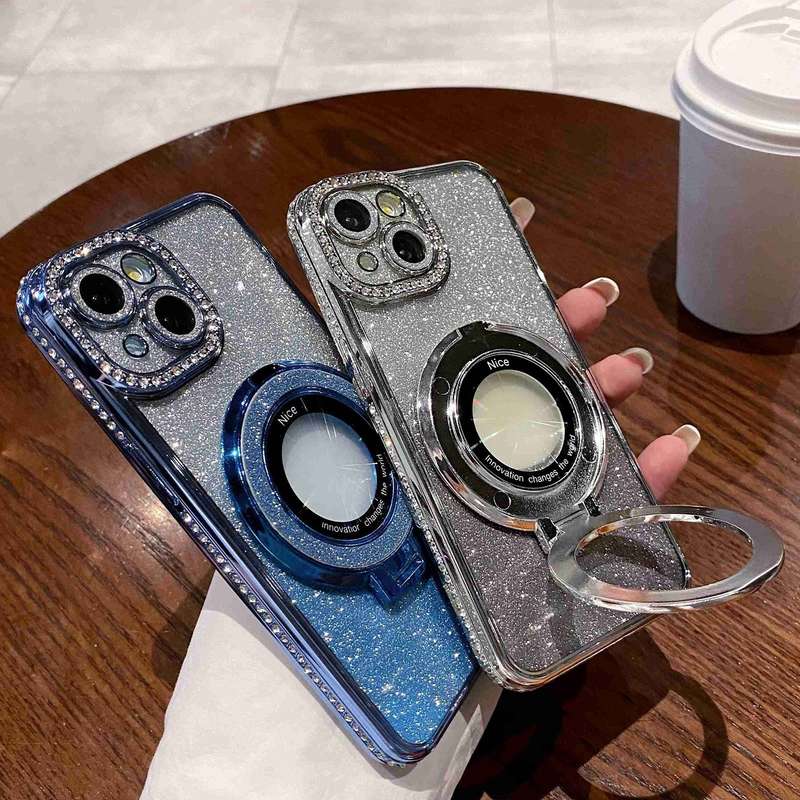 For iPhone 14 Gradient Glitter Diamond Plated Holder Magsafe Phone Case(Blue)