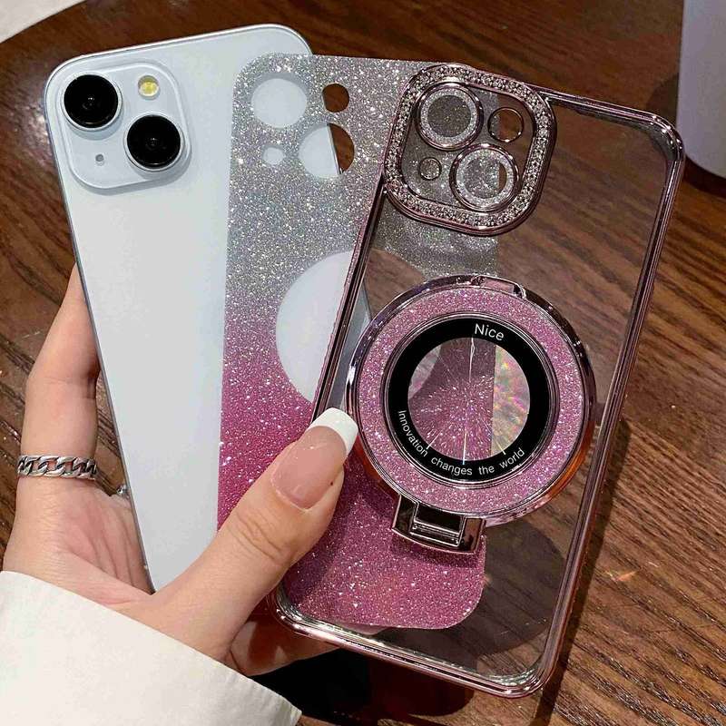 For iPhone 14 Gradient Glitter Diamond Plated Holder Magsafe Phone Case(Blue)