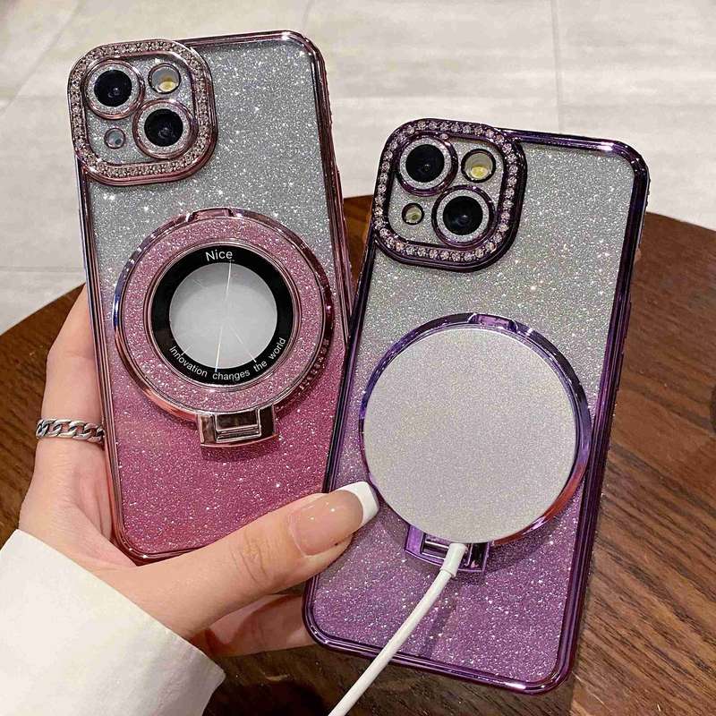 For iPhone 14 Gradient Glitter Diamond Plated Holder Magsafe Phone Case(Blue)