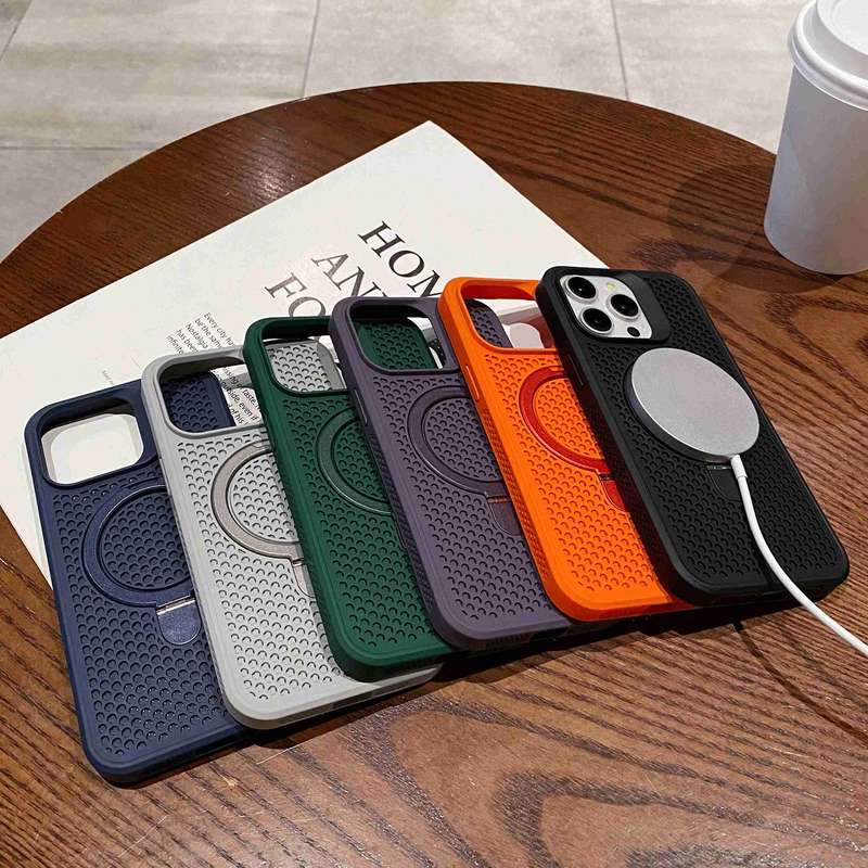 For iPhone 11 Pro Max Hollow Cooling Magsafe Phone Case with Holder(Black)