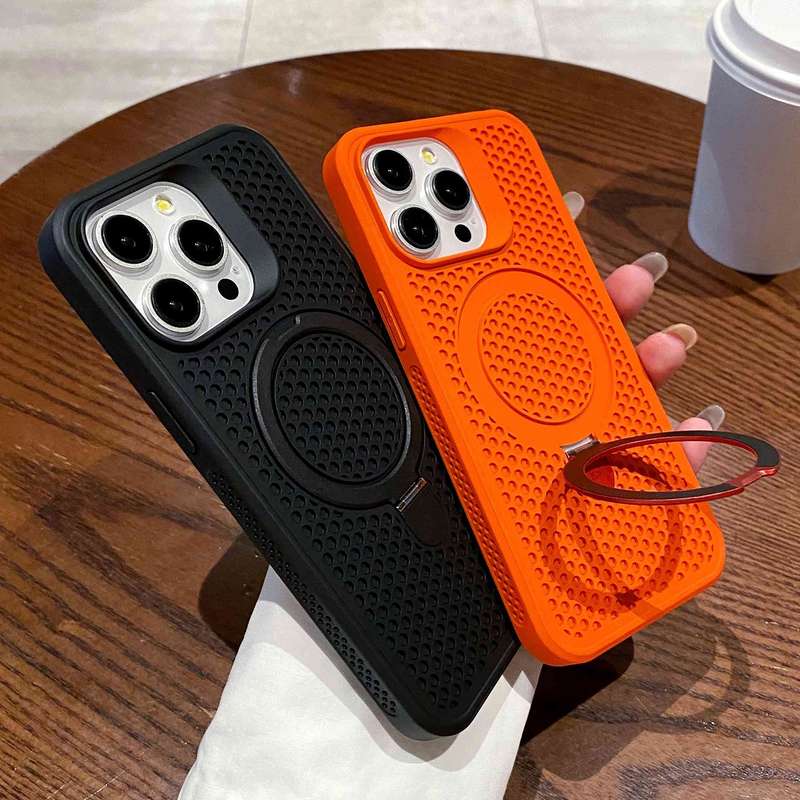 For iPhone 11 Pro Max Hollow Cooling Magsafe Phone Case with Holder(Black)