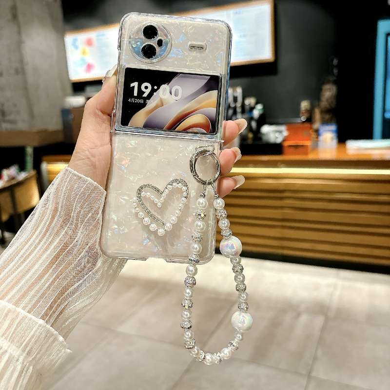 For vivo X Flip Pearlescent Shell Texture Heart Pattern Phone Case with Bracelet(White)