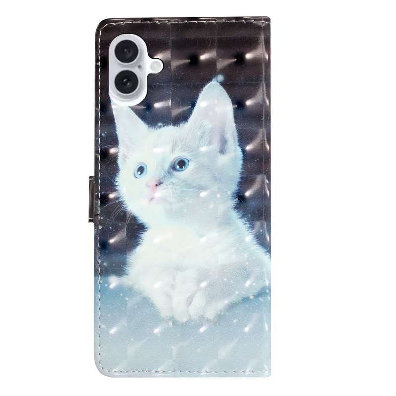 For iPhone 16 3D Pattern Leather Phone Case(White Cat)