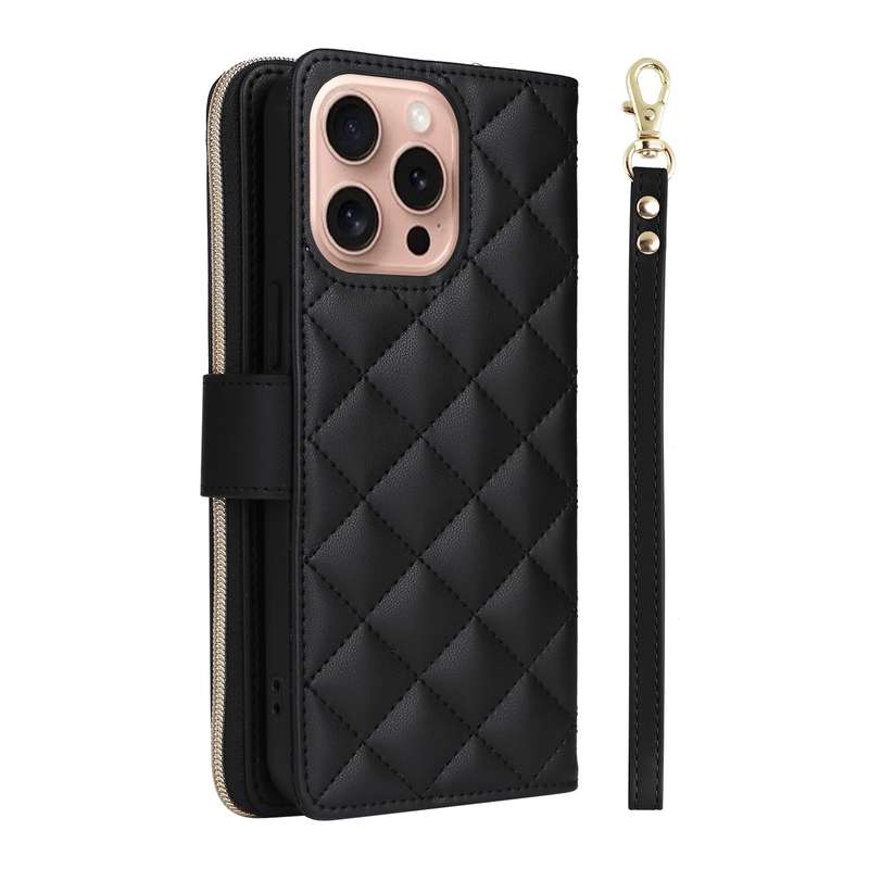 For iPhone 16 Pro Crossbody Rhombic Zipper Tower Buckle Leather Phone Case with Lanyard(Black)