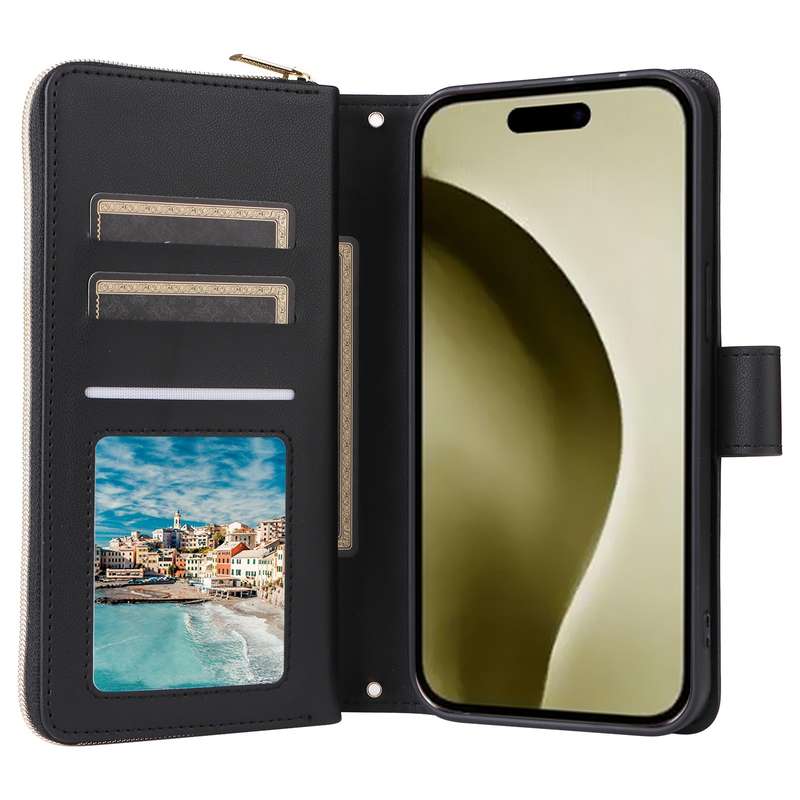 For iPhone 16 Pro Crossbody Rhombic Zipper Tower Buckle Leather Phone Case with Lanyard(Black)
