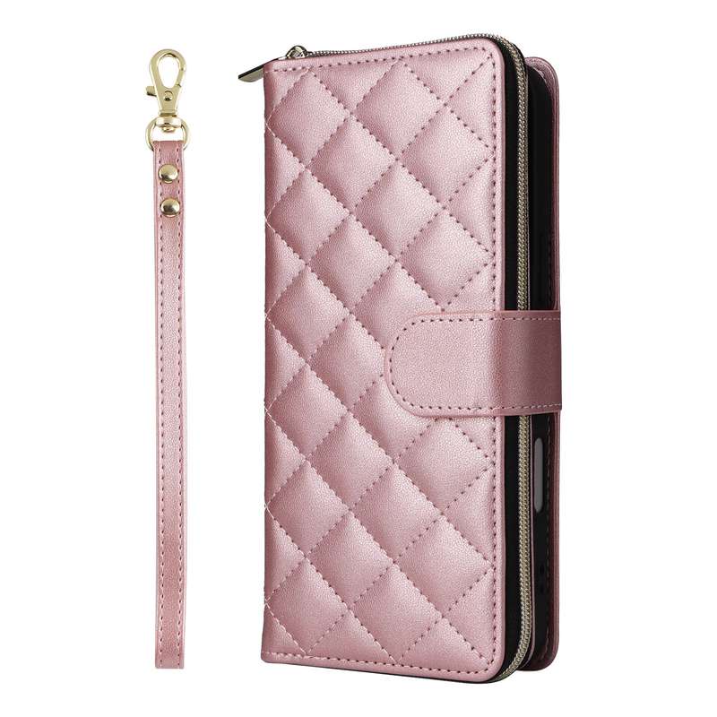 For iPhone 16 Plus Crossbody Rhombic Zipper Tower Buckle Leather Phone Case with Lanyard(Rose G