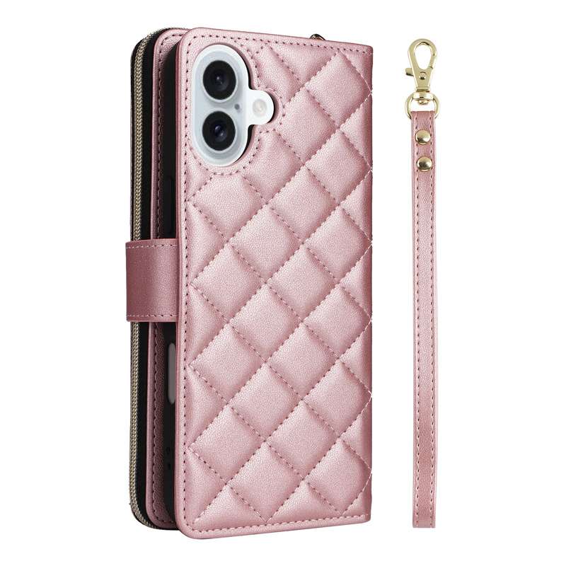 For iPhone 16 Plus Crossbody Rhombic Zipper Tower Buckle Leather Phone Case with Lanyard(Rose G