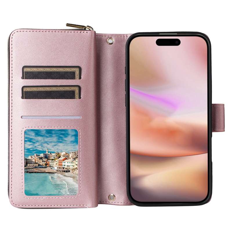For iPhone 16 Plus Crossbody Rhombic Zipper Tower Buckle Leather Phone Case with Lanyard(Rose G