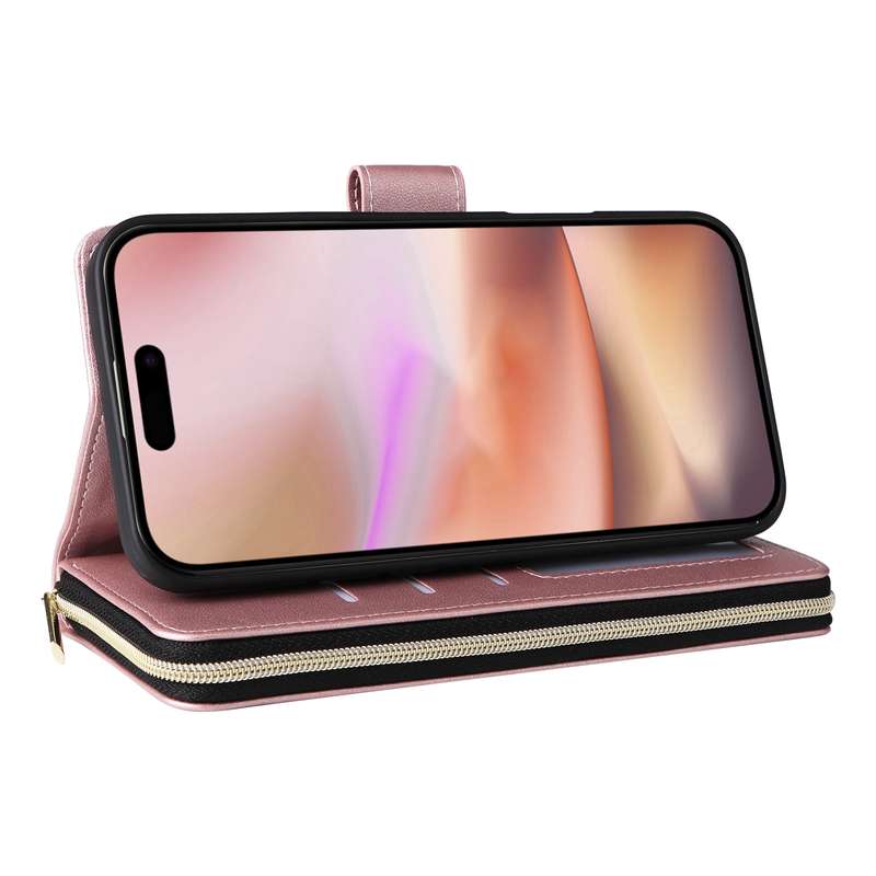 For iPhone 16 Plus Crossbody Rhombic Zipper Tower Buckle Leather Phone Case with Lanyard(Rose G