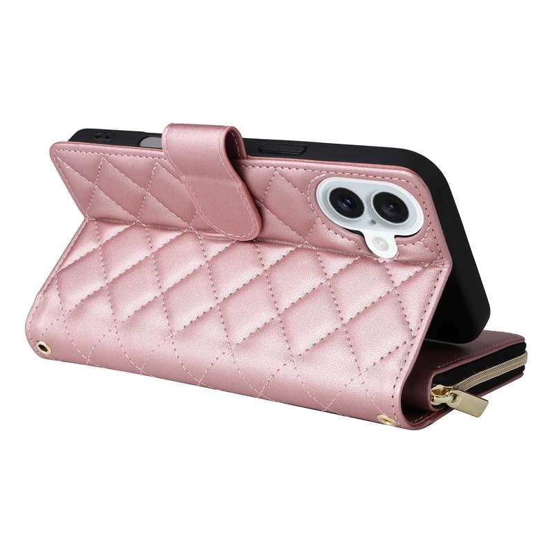 For iPhone 16 Plus Crossbody Rhombic Zipper Tower Buckle Leather Phone Case with Lanyard(Rose G