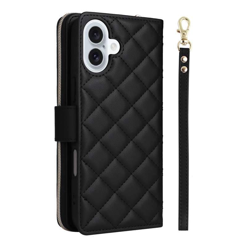For iPhone 16 Plus Crossbody Rhombic Zipper Tower Buckle Leather Phone Case with Lanyard(Black)