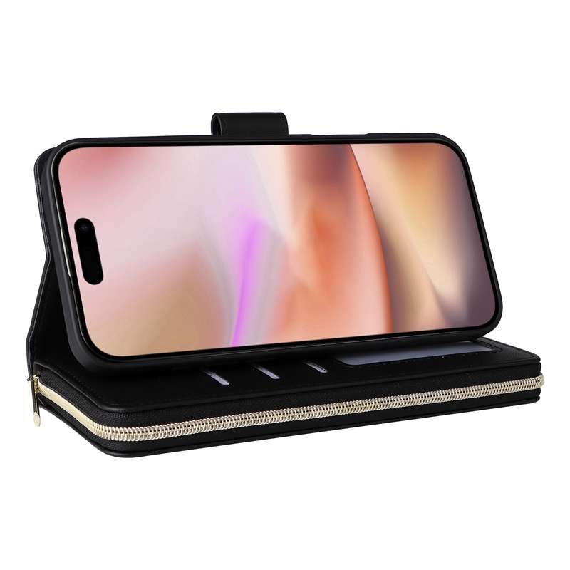 For iPhone 16 Plus Crossbody Rhombic Zipper Tower Buckle Leather Phone Case with Lanyard(Black)