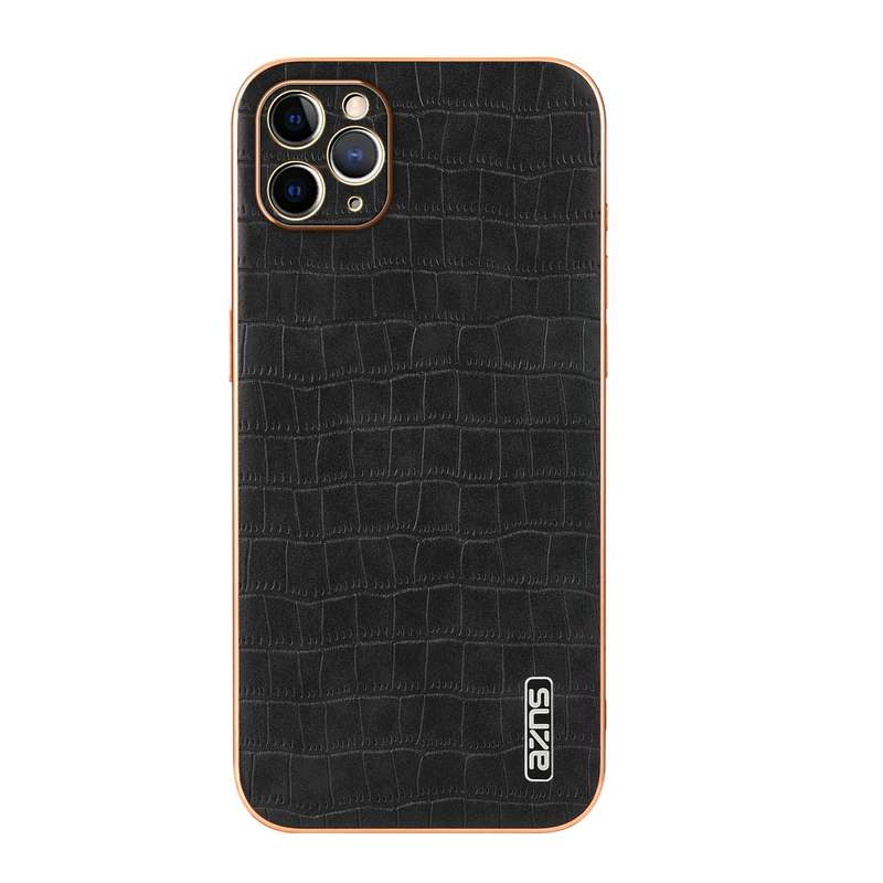 For iPhone 11 Pro Max AZNS Electroplated Frame Crocodile Texture Full Coverage Phone Case(Black