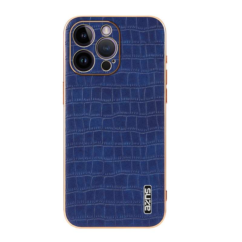 For iPhone 14 Pro Max AZNS Electroplated Frame Crocodile Texture Full Coverage Phone Case(Blue)
