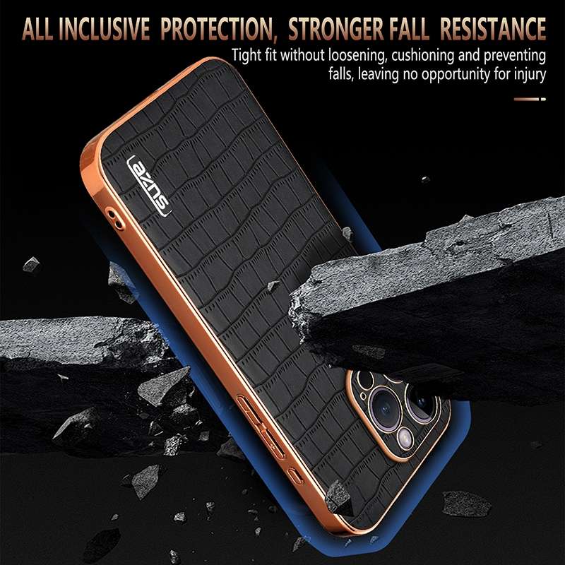 For iPhone 14 Pro Max AZNS Electroplated Frame Crocodile Texture Full Coverage Phone Case(Blue)