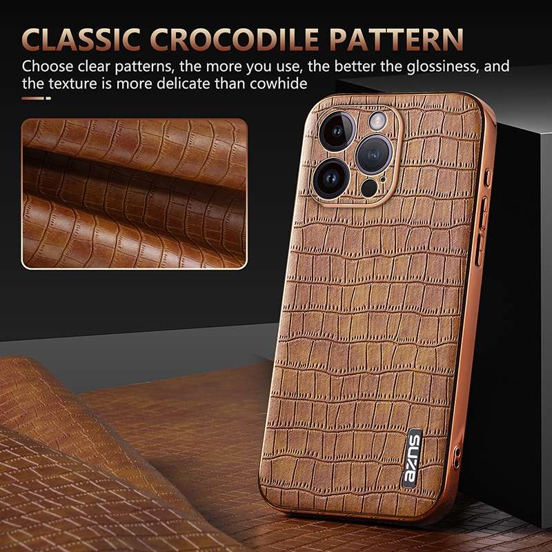 For iPhone 14 Pro Max AZNS Electroplated Frame Crocodile Texture Full Coverage Phone Case(Blue)