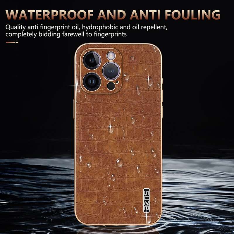 For iPhone 14 Pro Max AZNS Electroplated Frame Crocodile Texture Full Coverage Phone Case(Blue)