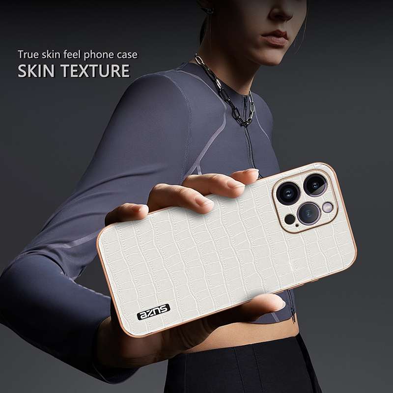 For iPhone 14 Pro Max AZNS Electroplated Frame Crocodile Texture Full Coverage Phone Case(Blue)