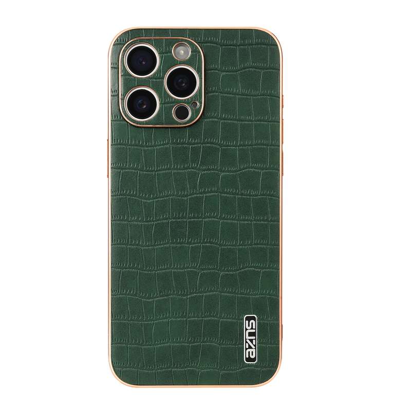 For iPhone 15 Pro AZNS Electroplated Frame Crocodile Texture Full Coverage Phone Case(Green)