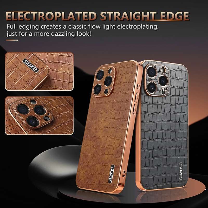 For iPhone 15 Pro AZNS Electroplated Frame Crocodile Texture Full Coverage Phone Case(Green)