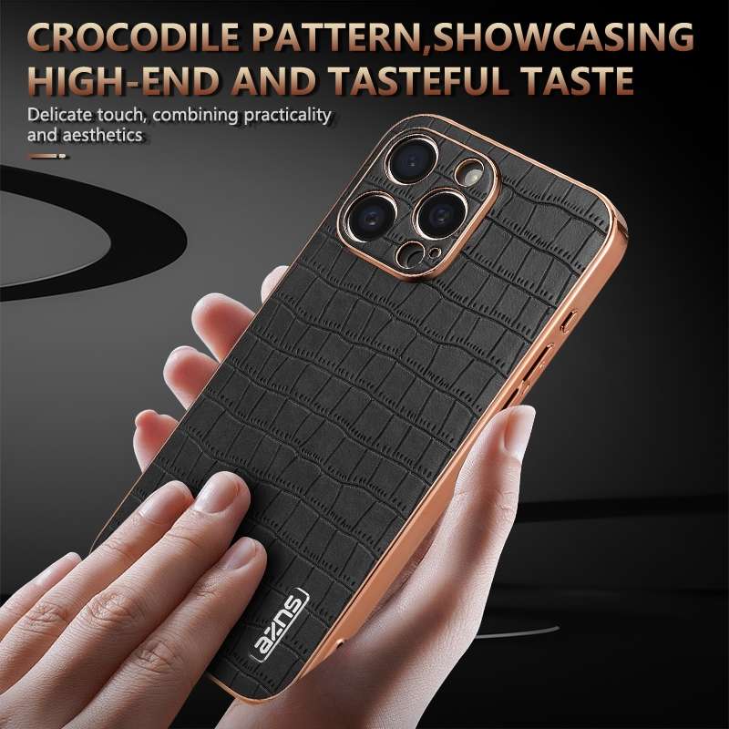 For iPhone 15 Pro AZNS Electroplated Frame Crocodile Texture Full Coverage Phone Case(Green)