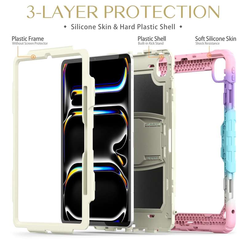 For iPad Pro 13 2024 Silicone Hydric PC Tablet Case with Shoulder Strap & Holder(Camouflage Pin