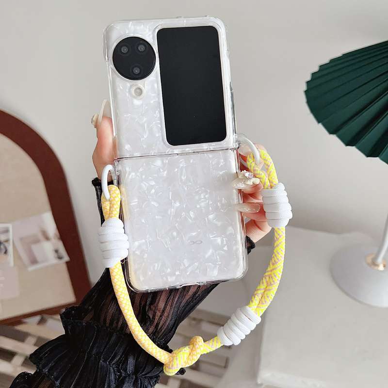 For OPPO Find N3 Flip Pearlescent Shell Texture Side Buckle Phone Case with Rainbow Bracelet(Wh