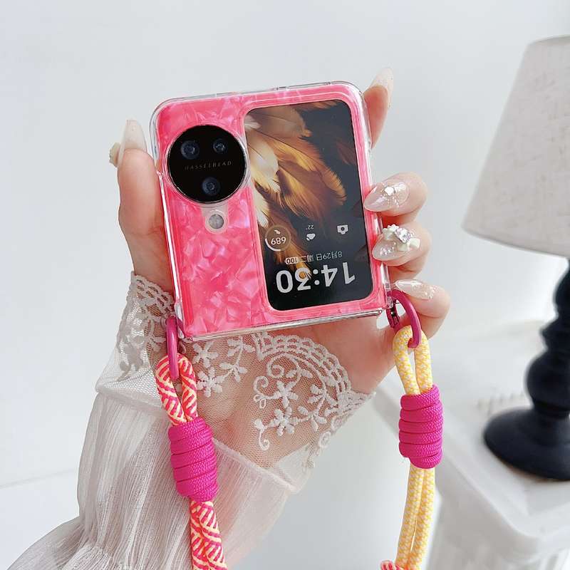 For OPPO Find N3 Flip Pearlescent Shell Texture Side Buckle Phone Case with Rainbow Bracelet(Wh