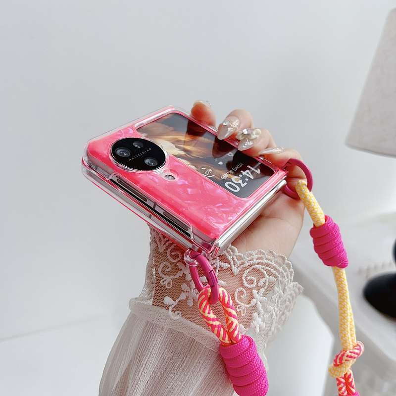 For OPPO Find N3 Flip Pearlescent Shell Texture Side Buckle Phone Case with Rainbow Bracelet(Wh