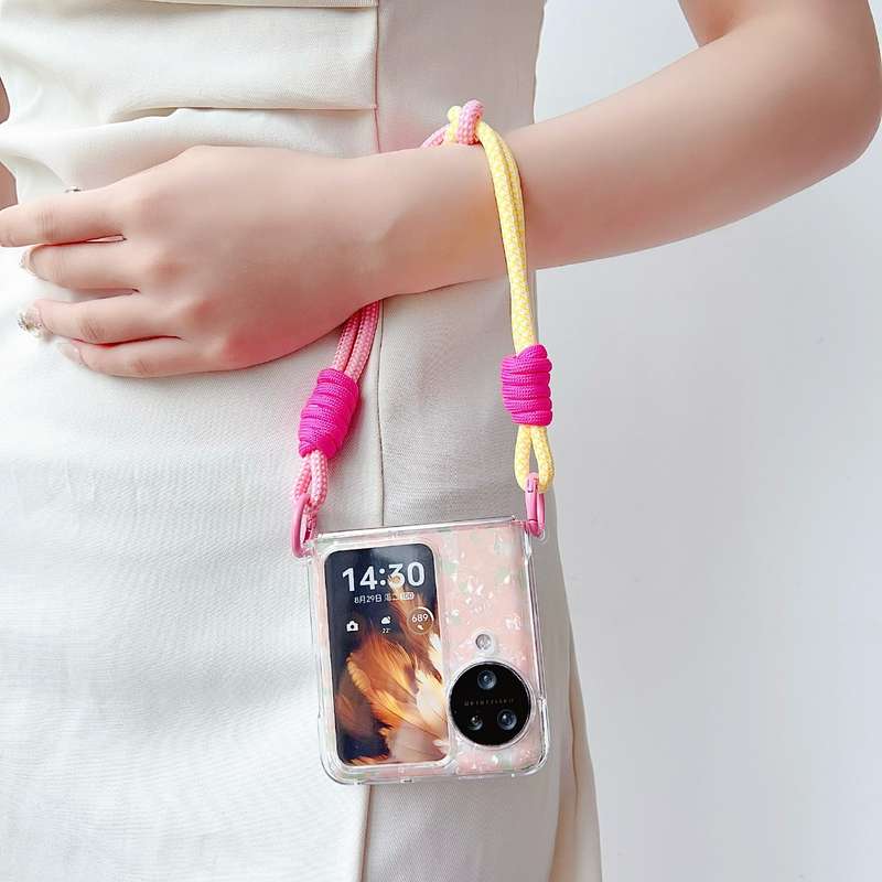 For OPPO Find N3 Flip Pearlescent Shell Texture Side Buckle Phone Case with Rainbow Bracelet(Wh