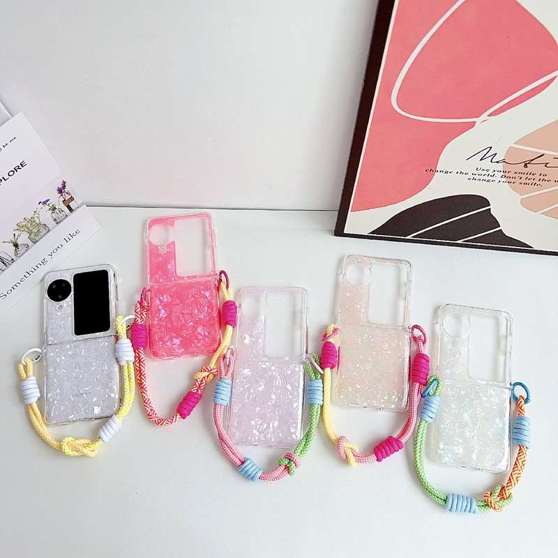 For OPPO Find N3 Flip Pearlescent Shell Texture Side Buckle Phone Case with Rainbow Bracelet(Wh