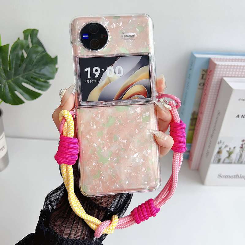 For vivo X Flip Pearlescent Shell Texture Side Buckle Phone Case with Rainbow Bracelet(Pink Gre