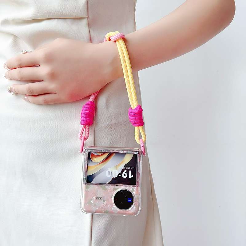 For vivo X Flip Pearlescent Shell Texture Side Buckle Phone Case with Rainbow Bracelet(Pink Gre