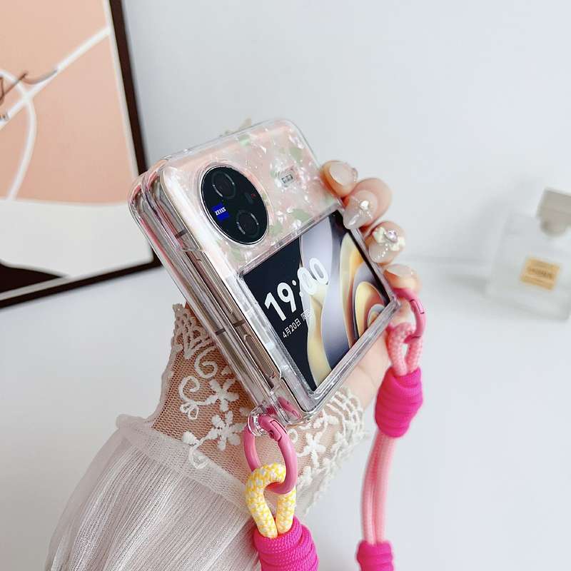 For vivo X Flip Pearlescent Shell Texture Side Buckle Phone Case with Rainbow Bracelet(Pink Gre