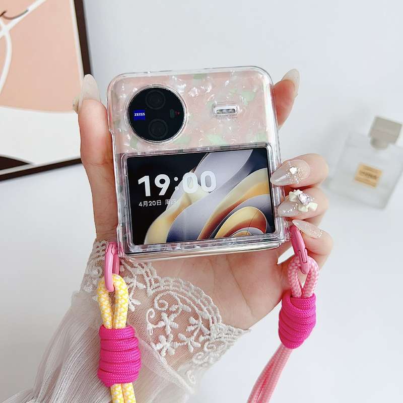 For vivo X Flip Pearlescent Shell Texture Side Buckle Phone Case with Rainbow Bracelet(Pink Gre