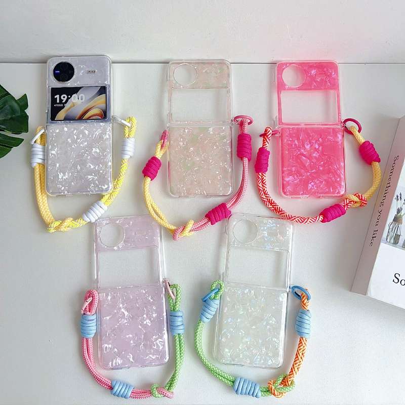 For vivo X Flip Pearlescent Shell Texture Side Buckle Phone Case with Rainbow Bracelet(Pink Gre