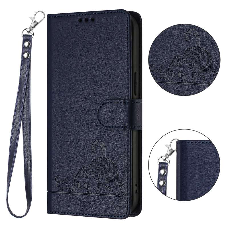 For Xiaomi Redmi K60 Cat Rat Embossed Pattern RFID PU Phone Case with Wrist Strap(Blue)