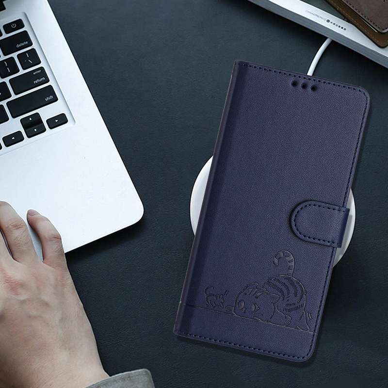 For Xiaomi Redmi K60 Cat Rat Embossed Pattern RFID PU Phone Case with Wrist Strap(Blue)