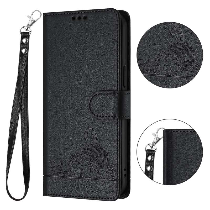 For Xiaomi 13 Lite 5G Global Cat Rat Embossed Pattern RFID PU Phone Case with Wrist Strap(Black