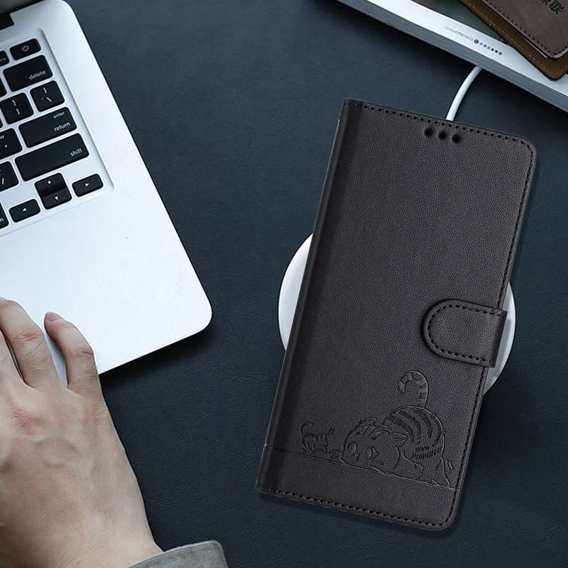 For Xiaomi 13 Lite 5G Global Cat Rat Embossed Pattern RFID PU Phone Case with Wrist Strap(Black