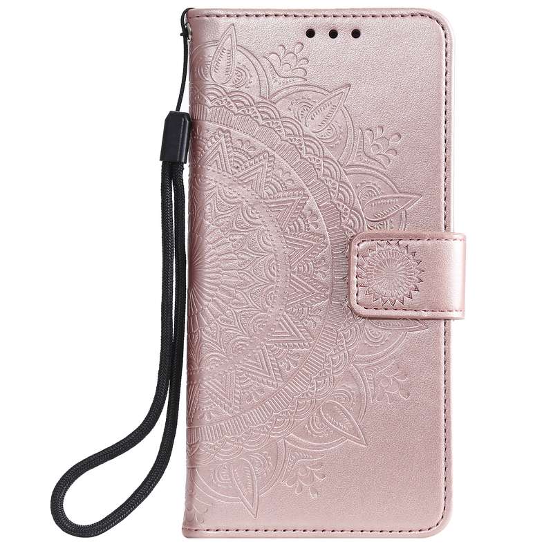 For Xiaomi Poco F6 Totem Flower Embossed Leather Phone Case with Lanyard(Rose Gold)