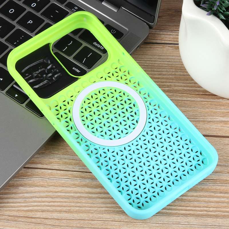 For iPhone 14 Pro Max Gradient Color Honeycomb Aromatherapy MagSafe Phone Case(Green Blue)
