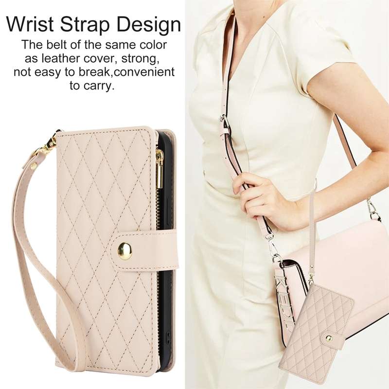 For iPhone 13 mini YM016 Rhombic Zipper Card Wallet Leather Phone Case with Lanyard(Apricot)