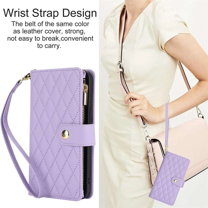 For iPhone 12 / 12 Pro YM016 Rhombic Zipper Card Wallet Leather Phone Case with Lanyard(Light P