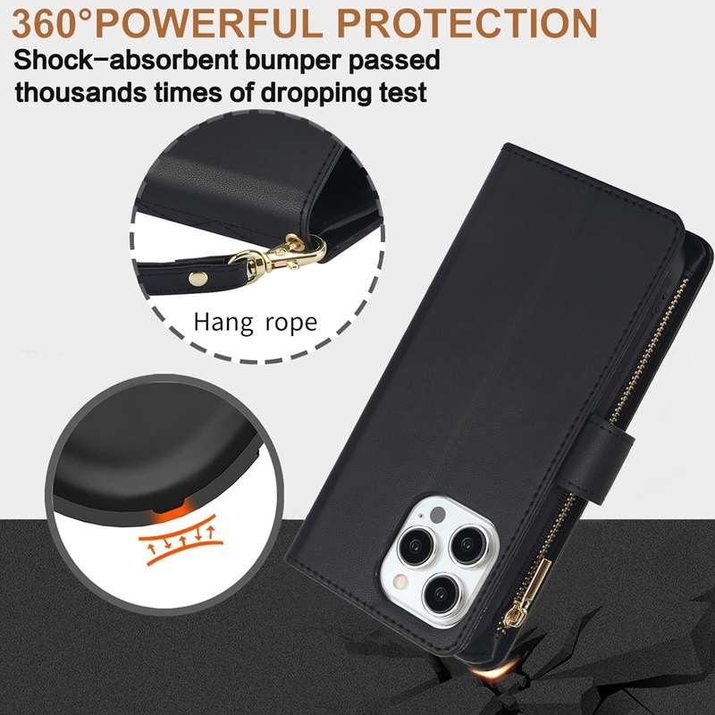 For iPhone XR YM016 Rhombic Zipper Card Wallet Leather Phone Case with Lanyard(Black)