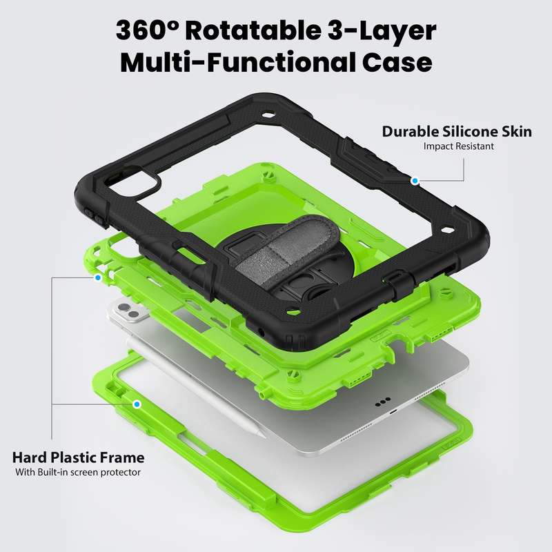 For iPad Pro 11 2024 Silicone Hybrid PC Tablet Case with Shoulder Strap(Yellow Green + Black)